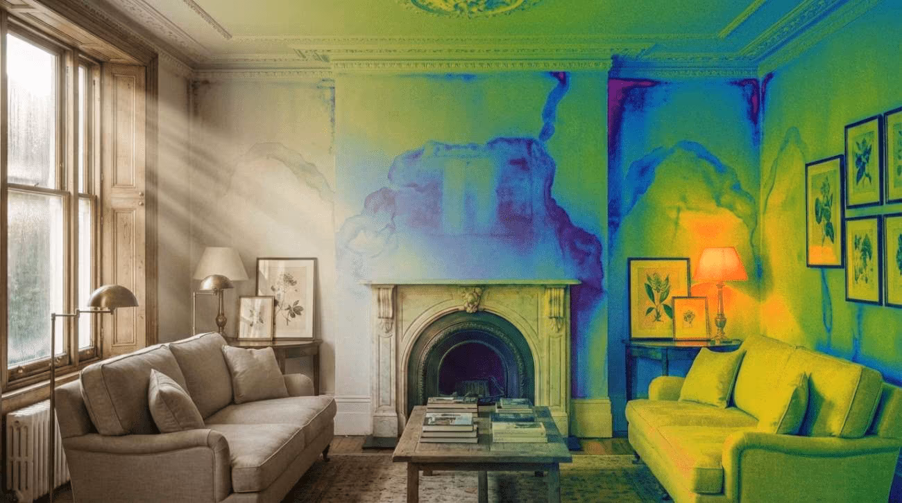 Room showing damp damage with thermal imaging overlay revealing moisture patterns